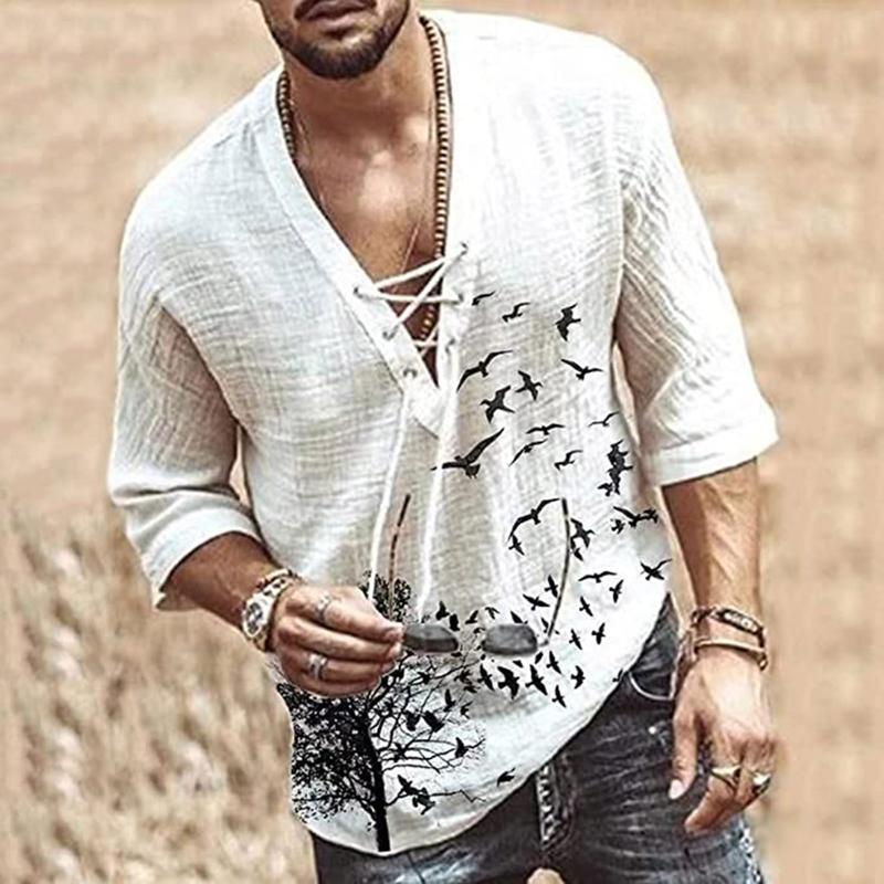 

Men' Casual Shirts Men Vintage Shirt Long Sleeve Plus Size Tops Camisa V Neck Boho Style Top Streetwear Pullover Clothing