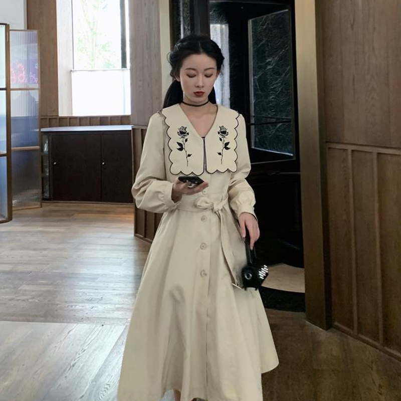 

2021korean one-piece dress french rose embroidery v-neck blazer dress women slim elegant party dress 2021 women fashion clothing new, Black;gray