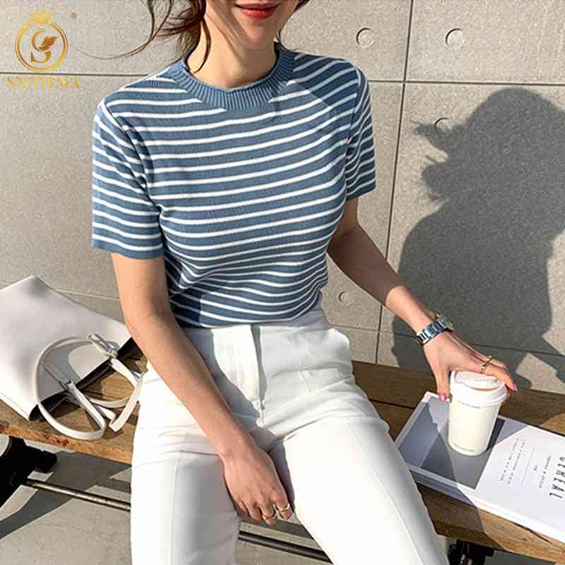 

Women Fashion Short Sleeve Striped Summer T-Shirt Korea Chic Female Casual Tops Clothes 210520, Photo color