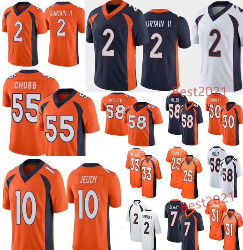 

Mens New DenverBroncosFootball 2 Patrick Surtain II 55 Bradley Chubb 58 Von Miller Elway 30 Phillip Lindsay 10 Jerry Jeudy 3 Drew Lock jerseys, As