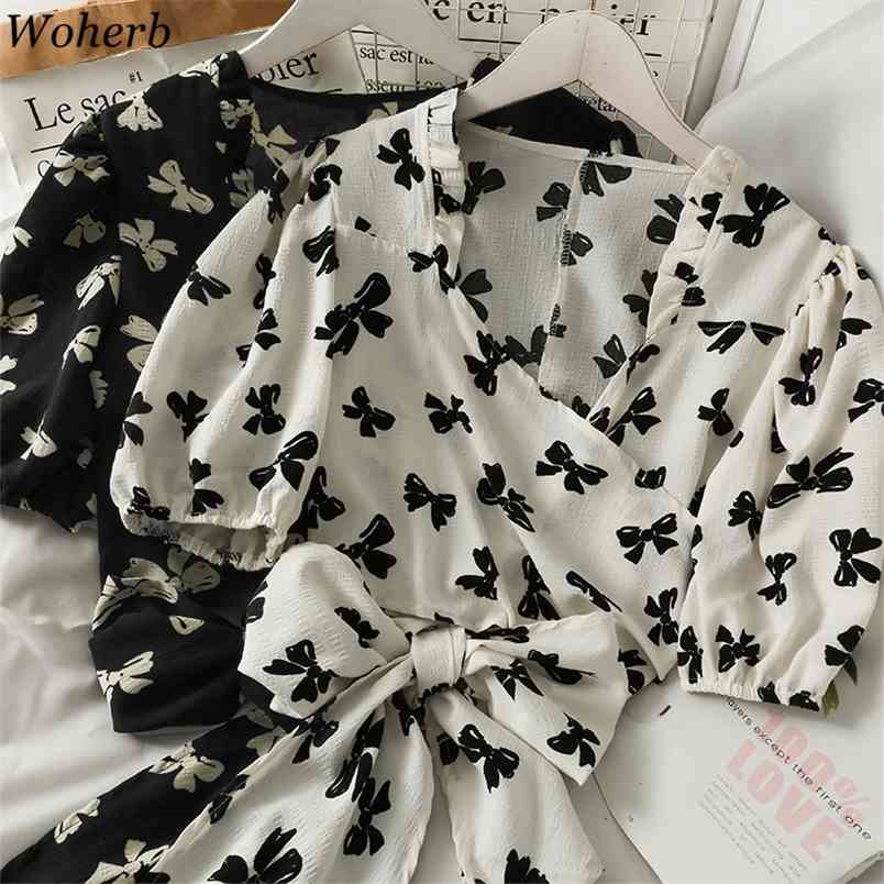 

Bandage Bow Print Crop Tops Women Summer Blouses Chiffon Puff Sleeve Shirts Chic V Neck Fashion Simple Blusas Mujer 210519, Black