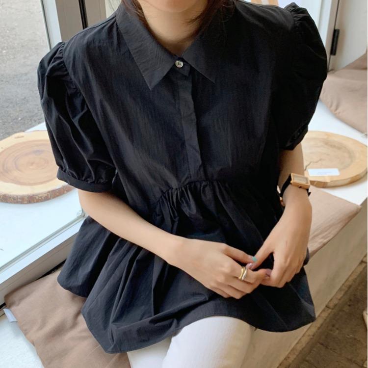 

Women's Blouses & Shirts 2021 Summer Solid Color Lapel Hem Loose Design Sense Retro Playful Doll Collar Shirt 37893, Black