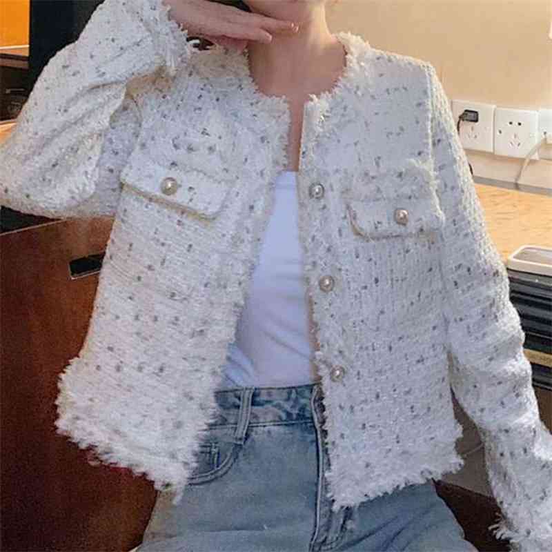 

Autumn Women Single-Breasted Tweed Woolen Coat Round Neck Long Sleeve Tassel Jacket Design High Quality 210520, Photo color
