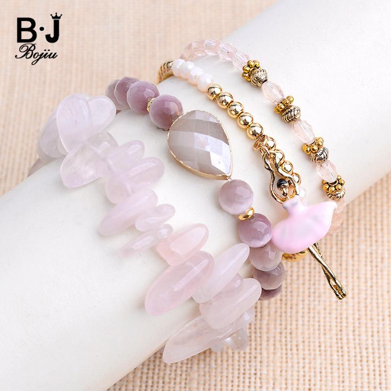 

Charm Bracelets BOJIU 4 Pcs/Set Dancing Girl For Women Natural Stone Pink Quartz Cat Eye Pear Crystal Beads Bracelet BCSET121