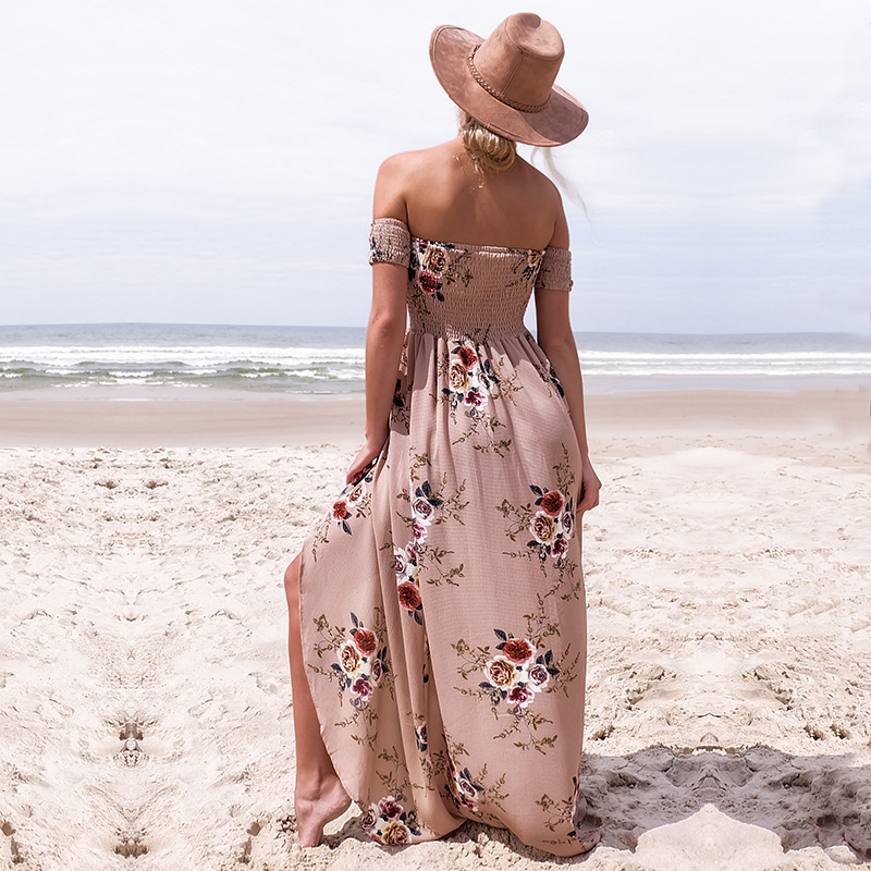 

2021women off shoulder floral print boho dress women beach summer dresses ladies strapless long maxi dress vestidos female xs-5xl, Black;gray