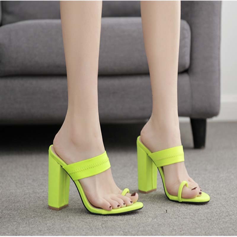 

Sandals Sexy Slippers Pumps Summer Flip Flop Square heel Stretch Fabric Hollow Women Shoes Fluorescent green EP3B, Black
