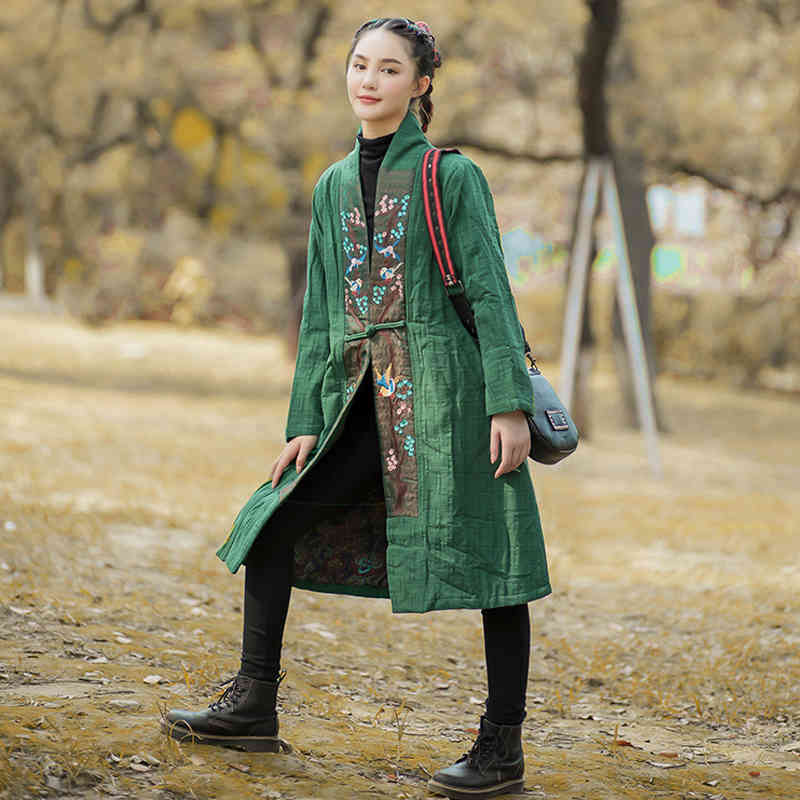

Johnature Women Embroidery Vintage Parkas Stand Single Button Autumn Winter Cotton Linen Women Patchwork Parkas Coats 210521, Green