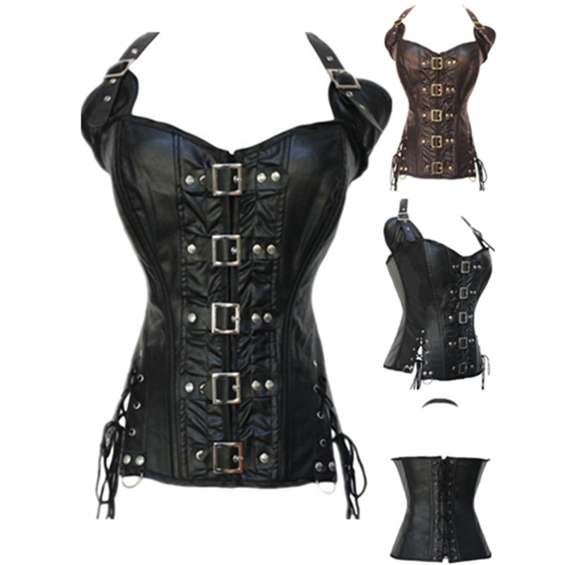 

Woman Bustiers New Fashion style Top Quality Leather Lady Hot Sexy Lace Up Steampunk Corset slimming body shaper Black Corsets For Women, As shown