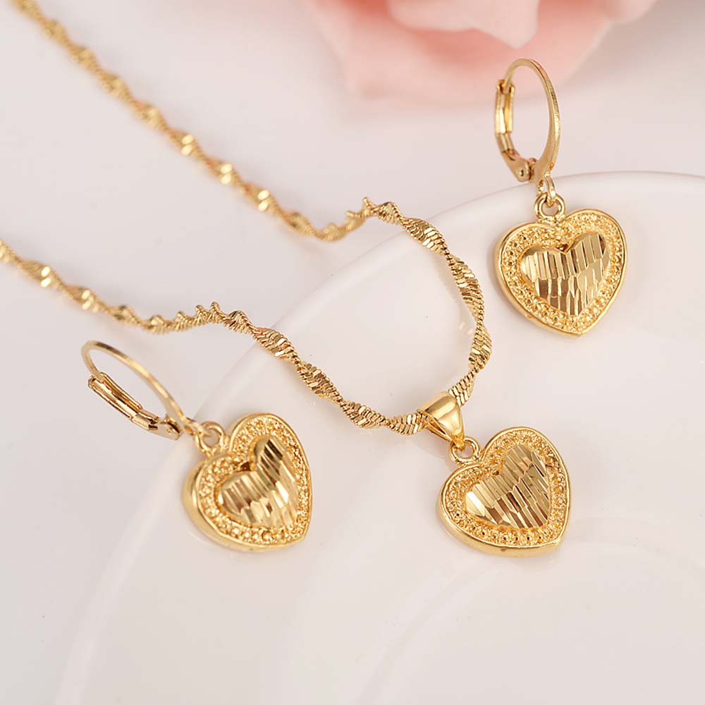 18k Solid G/F gold Necklace Earring Set Dubai love heart crown Take care of Jewelry Sets party gift DIY charms-image-677733931