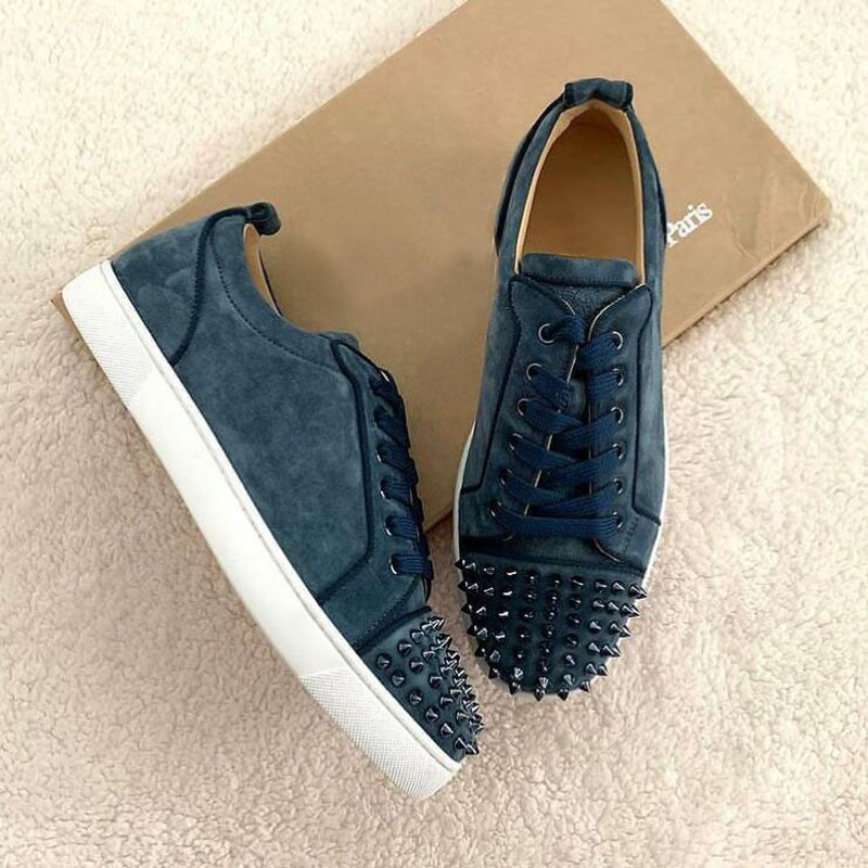 

Fashion Luxury Designer Red Sole Shoes Women,Men Outdoor Trainer Sneakers spiked shoe Blue suede leather trainers High Quality Casual Sports Comfort Chaussures, 12