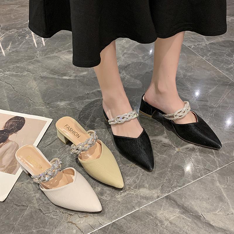 

Slippers Female Shoes Med Women Summer Square Heel Cover Toe Slides Loafers Mules Sexy 2021 Block PU Hoof Heels Scandals Rubber