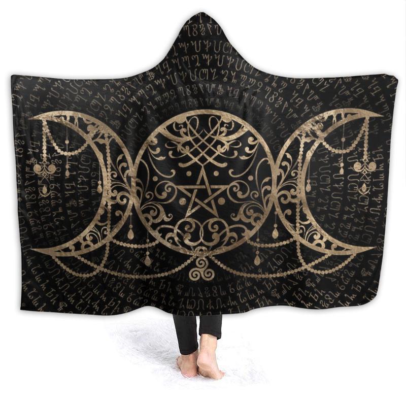 

Blankets Portable Warm Flannel Triple Moon Hooded Blanket Viking Rune For Sofa Sherpa Fleece Bedspread Wrap