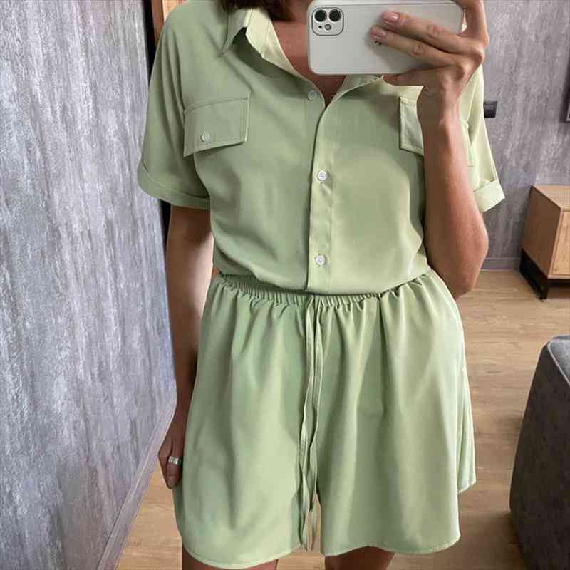 

Summer Two Piece Set Women Chiffon Shorts Suit Green Short Sleeve Loose Shirt Tops And High Waist Mini Shorts Sets, Gray