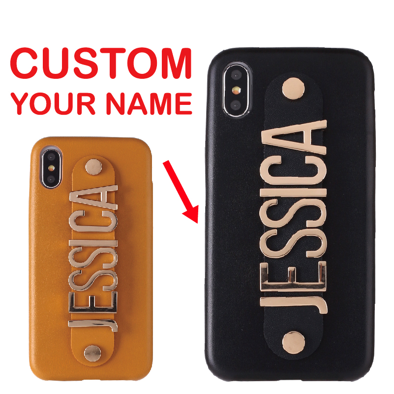

Leather Gold Letters Metal Luxury Bold Custom Personalized Name Text For iPhone 12 11 Pro X 6XS Max 7 7Plus 8 8Plus Phone Case