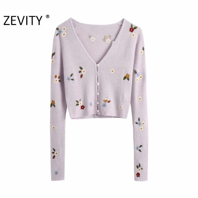 

Zevity women fashion v neck flower embroidery cardigan knitting sweater ladies long sleeve casual sweaters chic tops S402 211018, As pic s402bb