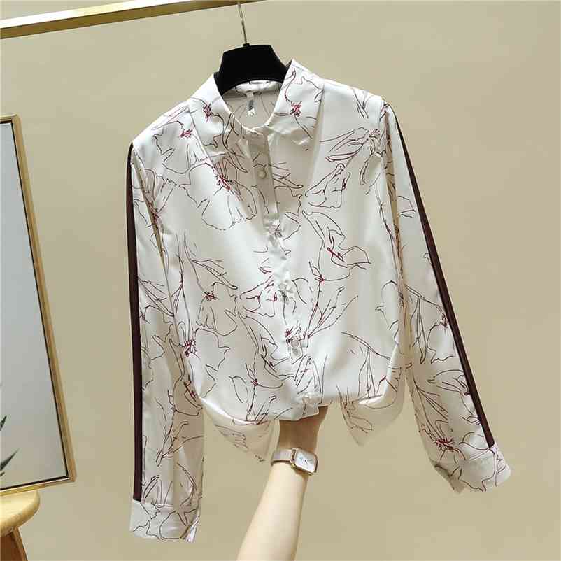 

Autumn Fashion Women's Long Sleeves Turn Down Collar Retro Floral Print Shirts Female Office Ladies Shirt Blouse Tops A4037 210519, Beige