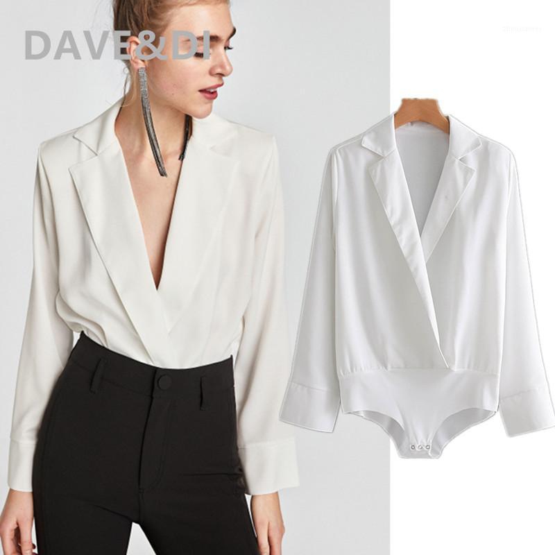 

Women' Jumpsuits & Rompers Dave&Di 2021 Bodysuits Women England Style Office Lady Solid Simple Kimono Blouse Notched Sexy V-neck White Tops