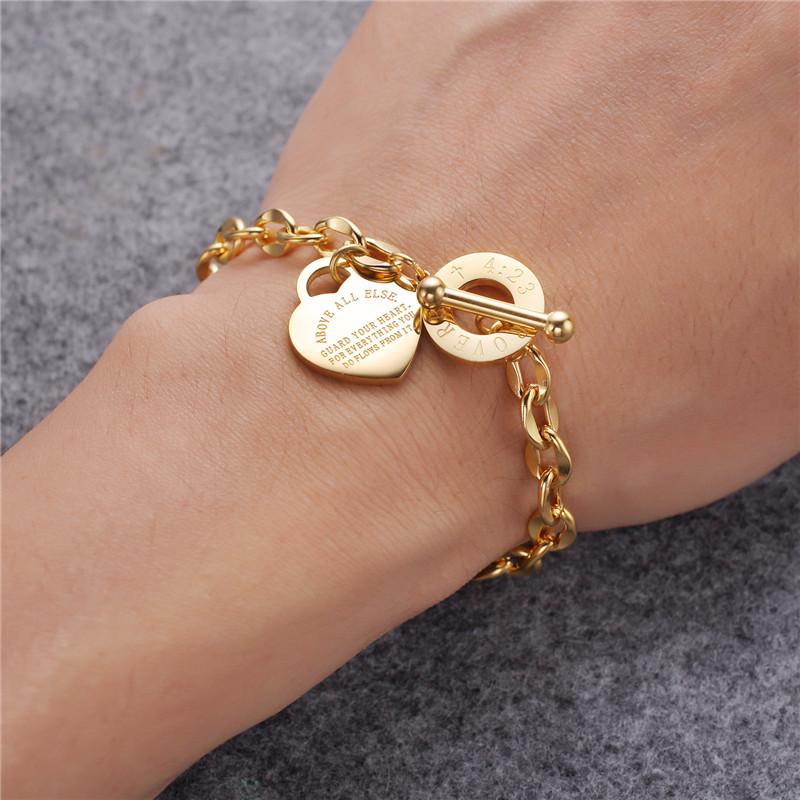 

Charm Bracelets Stainless Steel Love Heart For Women Party Gift Fashion Text Engraved Jewelry Wholesale V078, Golden;silver