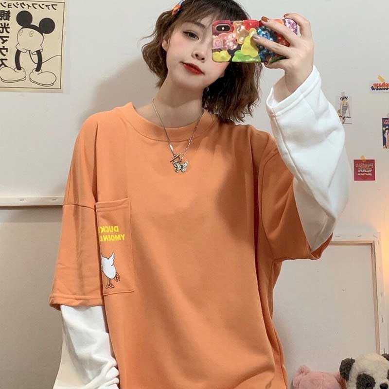 

Fake two-piece long-sleeved hoodies spring and autumn women's students coat fashion T-shirt Korean style loose we 210526, Orange