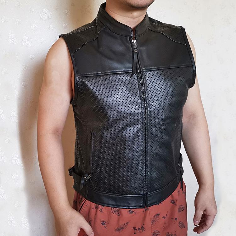 

Men' Vests Motorcycle Biker Leather Vest Mesh Breathable Cowhide Perforated Zippper Thick Genuine Sleeveless Jacket, Black