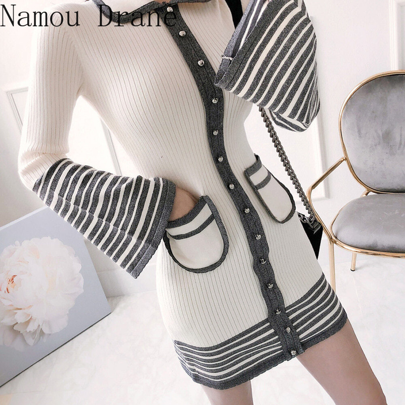 

French Gentle Wind Doll Led Color Matching Knitting Dress Female Autumn/winter Coat Stripe Horn Sleeve Sweater 210429, Beige