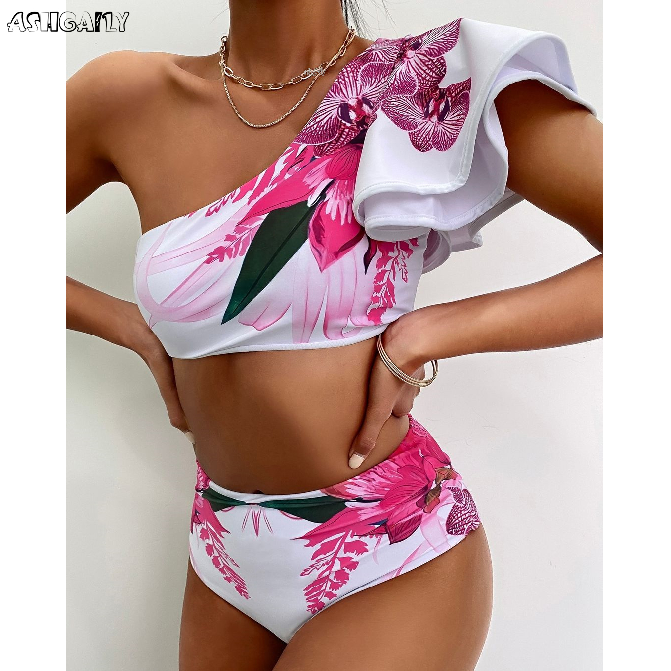 

One Shoulder Swimsuit Print Bikinis Brazilian Bikini Set High Waist Swimming Suits Bathing Suit Summer Beachwear, Hs1281
