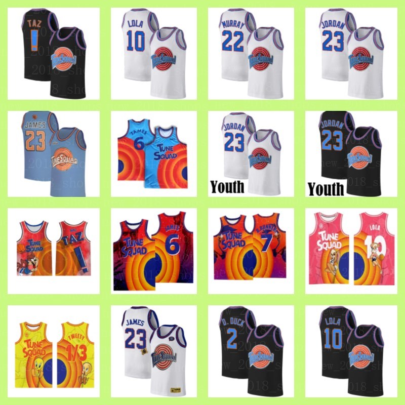 

Space Jam Tune Squad Lebron 6 James 23 Michael 1 Bugs 22 Murray 10 Lola 1/3 Tweety ! Taz 2 D.Duck 7 R.RUNNER Movie Basketball Jersey Youth as, Black;red