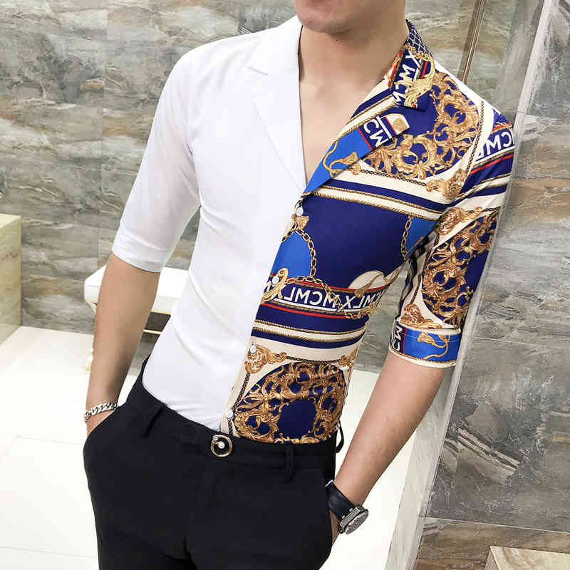 

Men's Casual Shirts and spring summer men's high-end personality V-neck printed shirt Slim sleeved nightclub GMMW, White