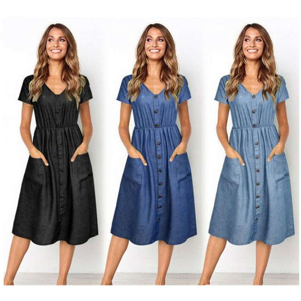 

button waist denim dress in summer 2020, Black;gray