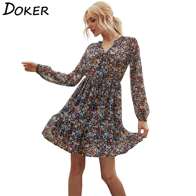 

Floral Print Chiffon Dres V Neck Long Sleeve Casual Boho Beach Ruffle Elegant Party Ladies Mini es Vestidos 210604