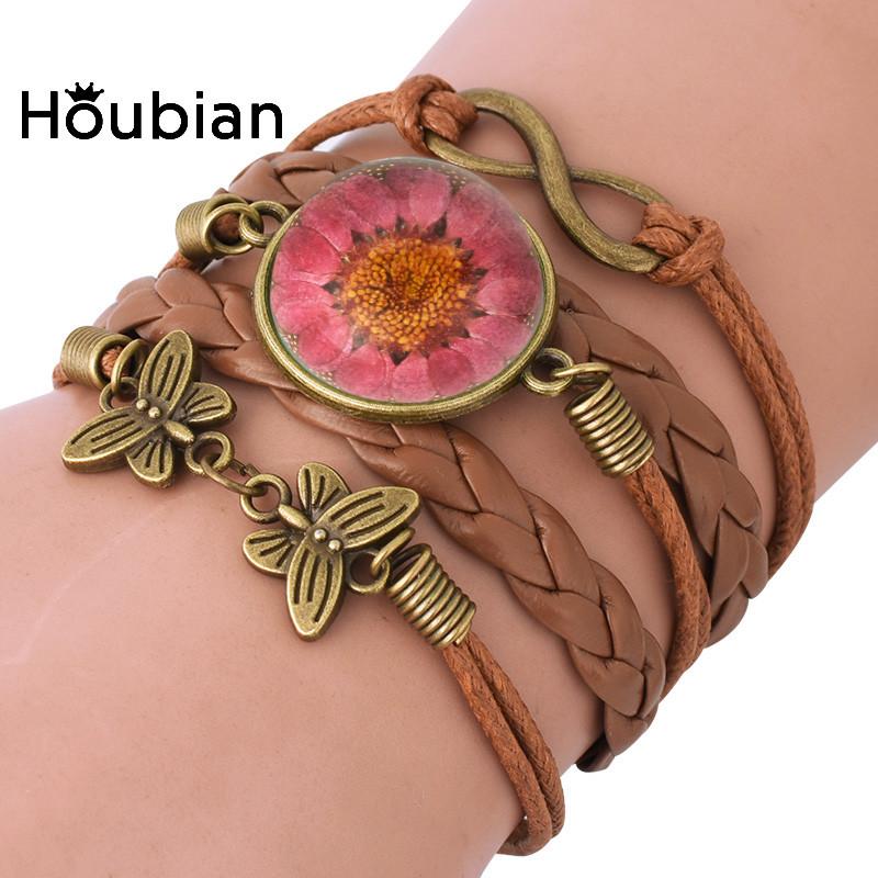 

Charm Bracelets Houbian Retro Sun Flower Cowhide Bracelet Natural Sunflower Brown Leather, Golden;silver