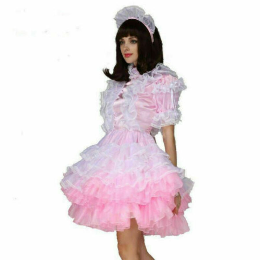 

Sissy Maid Lockable Organza Light Pink Puffy Dress Tailor-Made costume, Black;red