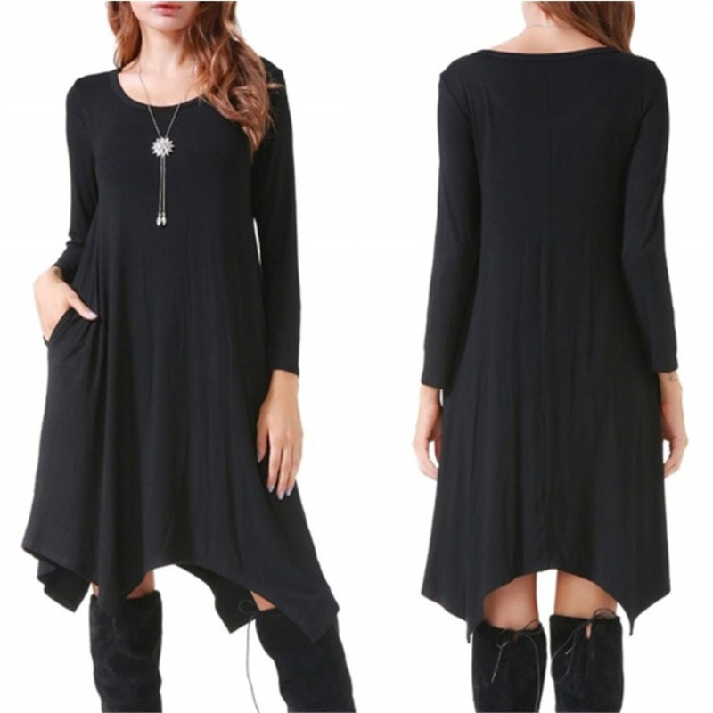 

Lossky Women Cotton Dress Autumn Winter Long Sleeve Black Dress Streetwear Pocket Solid Irregular Loose Plus Size Casual Dresses, 8302 as picture