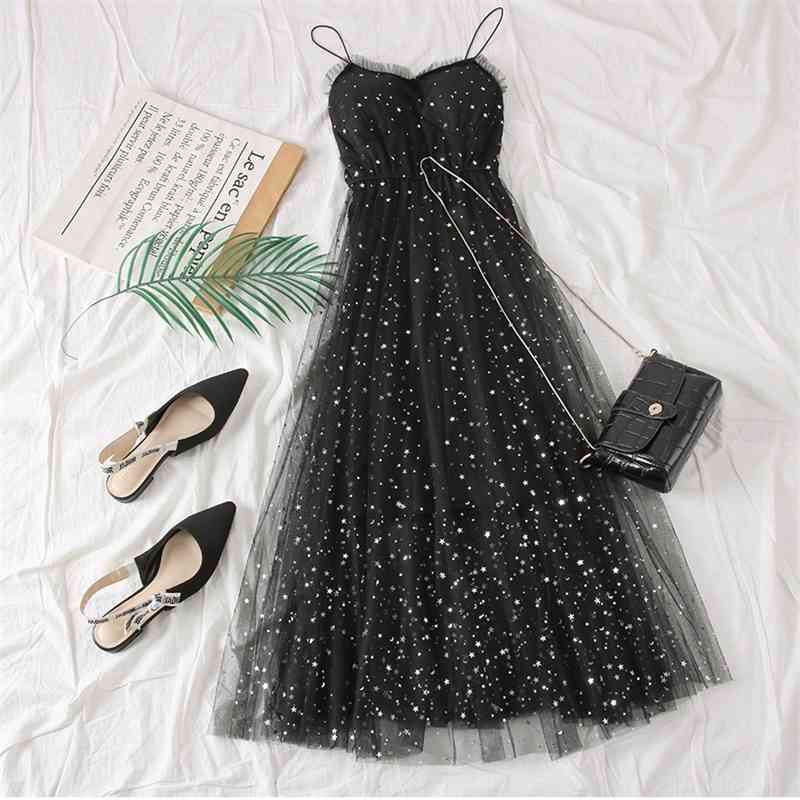

Women Sweet Mesh Dress Summer Sexy V Neck Shining Star Sequins Prom-dresses Elegant Laides Tulle Vestidos Mujer 210602, Black