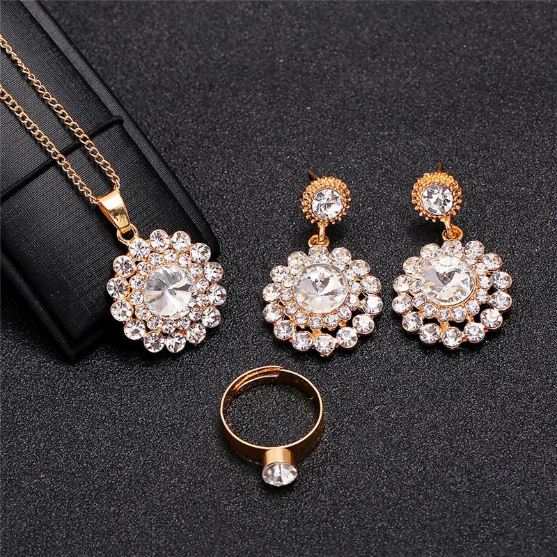 

Earrings & Necklace Luxury Blue Red Crystal Bridal Jewelry Sets Gold Color Alloy Rhinestone Stud Earring Adjust Open Ring For Women, Silver