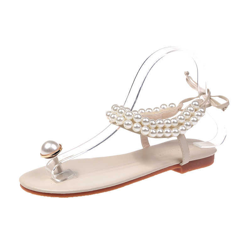 

Pearl Flip Flops Flats Shoes Summer Women New String Bead Lace-Up Sandals Ladies Bohemian Beach Sandals Concise Casual Sandals Y0721, Beige
