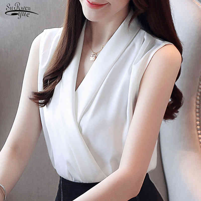 

Spring Womens Tops and Blouses Women's Summer Sleeveless Chiffon Women V-neck Office Ladies White 3534 210521