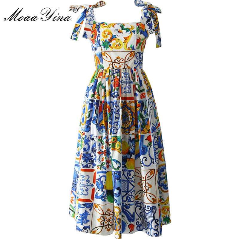 

Fashion Runway Custom Summer Cotton Dress Women's High Quality Painted Pottery Printed Bow Spaghetti Strap Party 210524, Blue