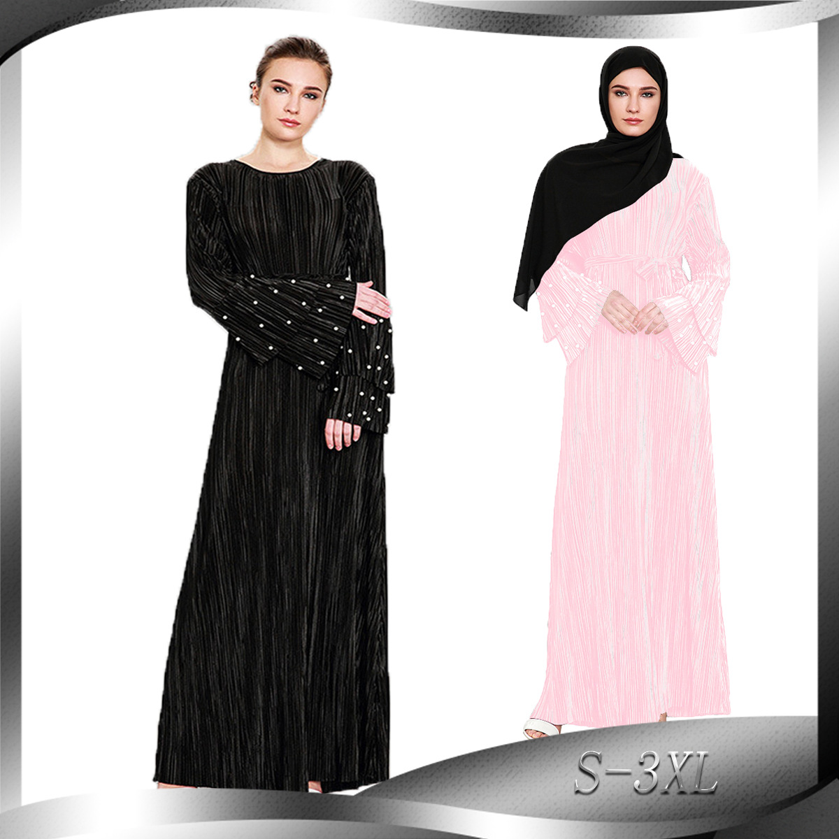 

Ramadan Muslim Abaya Dress Women Flare Sleeve Pleated Party Dresses Lace-up Beaded Kaftan Long Robe Dubai Arab Islamic Clothing