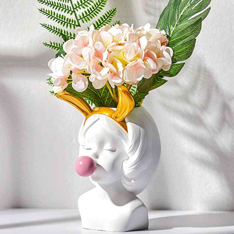 

White Resin Vase Flower Pot Nordic Style Cute Human Head Flower Vases Basket Pen Brushes Holder Home Decoration 210409