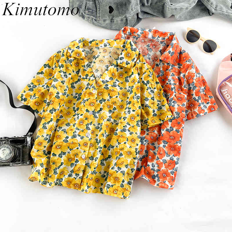 

Kimutomo Fresh Style Floral Shirt Women Korean Fashion Short Sleeve Turn-down Collar Blouse Femme Fashion Casual Tops Thin 210521, Orange red