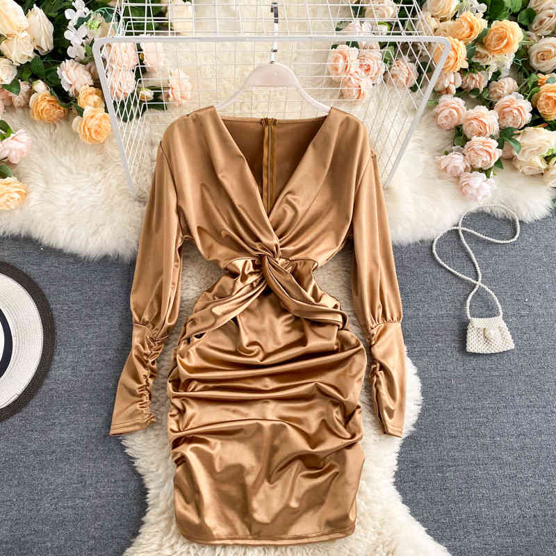 Casual Dresses Ins fashion women twist front v neck puff sleeve mini bodycon dress slim waist ruched sexy party club vestidos autu-image-700019683
