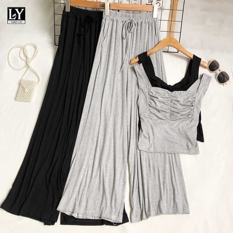 

LY VAREY LIN Summer Women Fashion Folds Short Tank Tops+Elastic Waist Drawstring Wide Leg Pants Female SuitCasual Two Piece Set 210526, Black