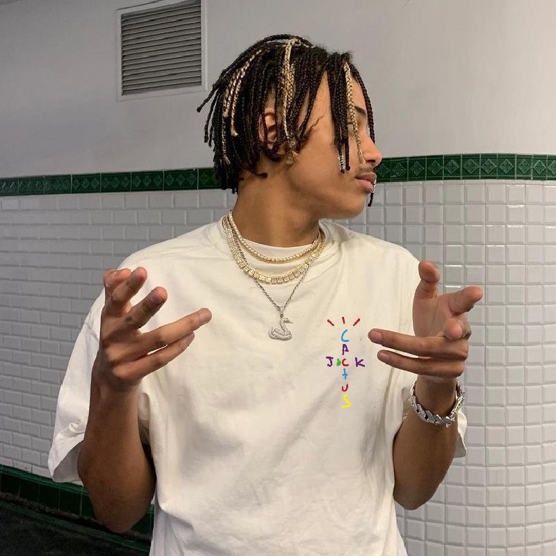 

Men' T-Shirts Rapper Travis ScoCactus Jack Rainbow Alphabet Print T-Shirt Hip Hop Quality Cotton Short Sleeves Men Wome Oversized Tops, White