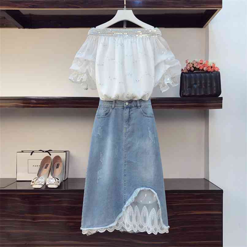 

Summer Sets Elegant Ladies Chiffon Shirt Denim Skirt Suits Off shoulder Sequined White Blouse and Lace Hem 2 Piece 210602, Only white tshirt