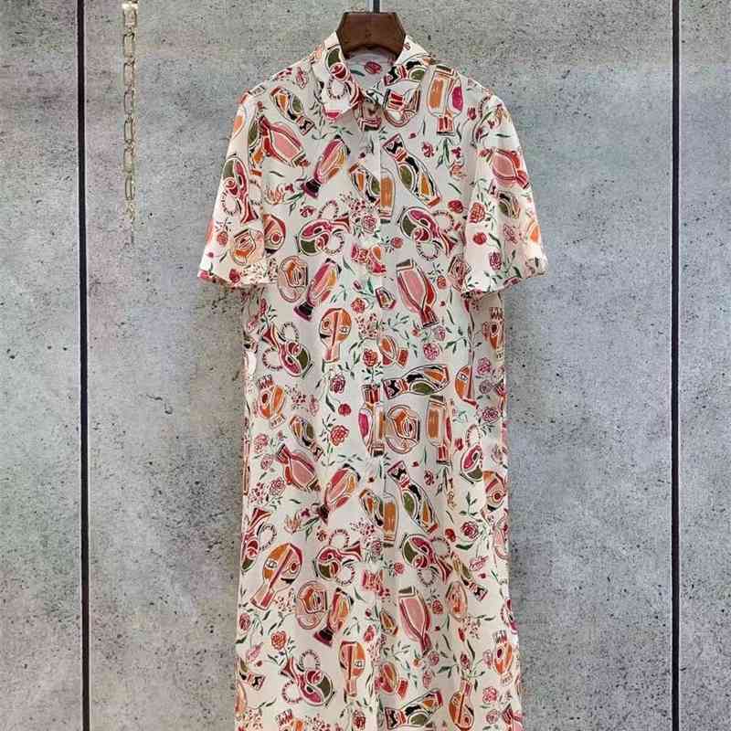 

Truevoker Summer Silk Straigth Dress Woman Short Sleeve Shirt Collar Totem Print Robe Festa Vestido 210602, Multi