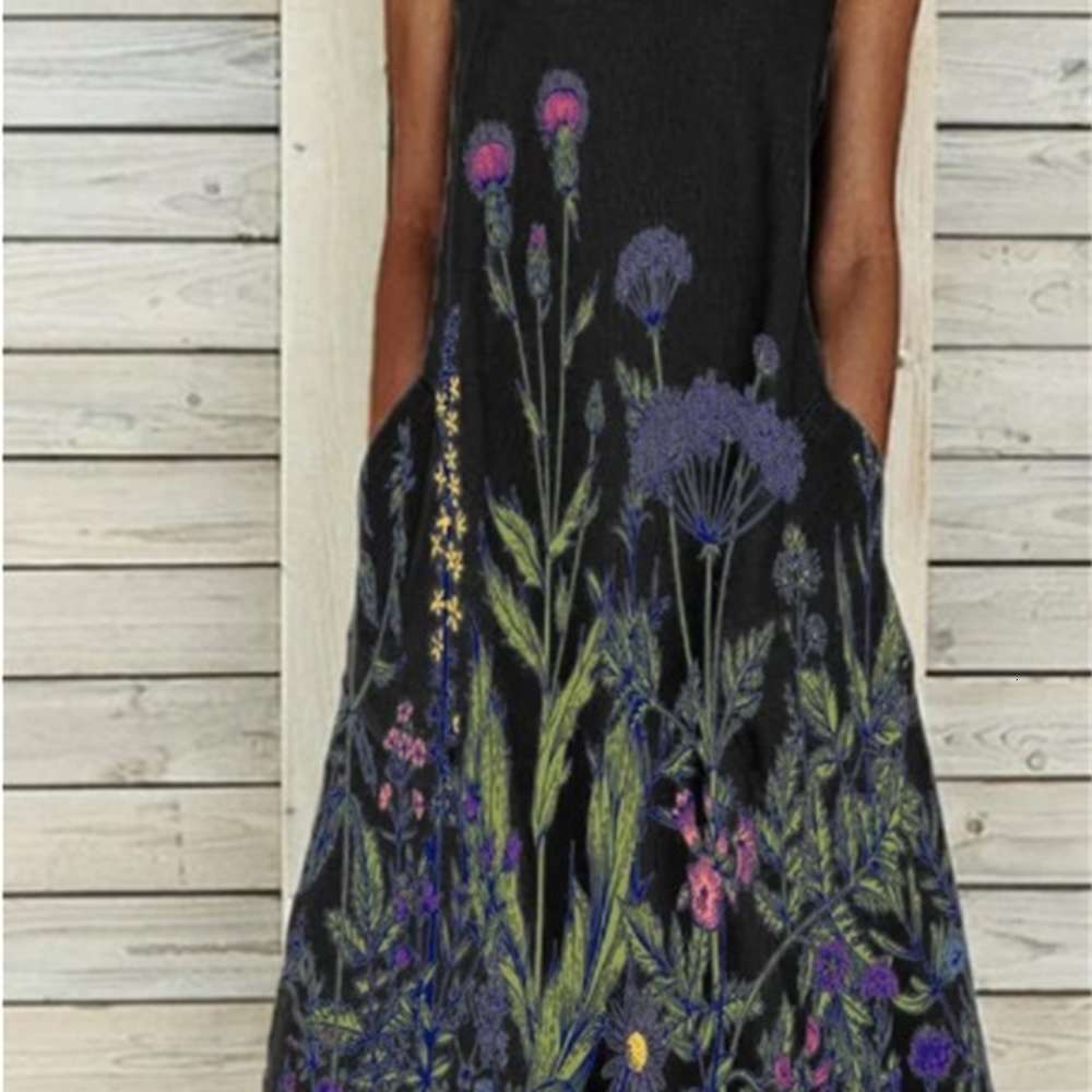 

Casual elegant round neck sleeveless print dress, Black;gray