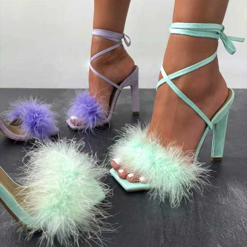 

Dress Shoes Fancy Girl's Cross Strap Lace Up Square Toe High Heel Sandals For Ladies Women Summer Fluffy Fur Sandal, Black