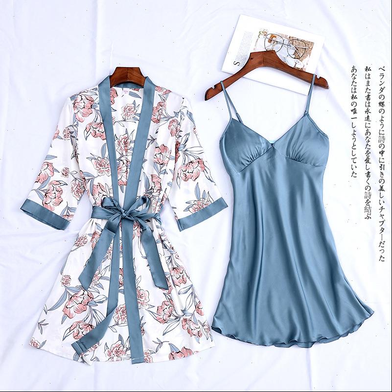 

satin sets nightgown print women sleepwear two pieces silk robe nightdress lounge pijama, Black;red