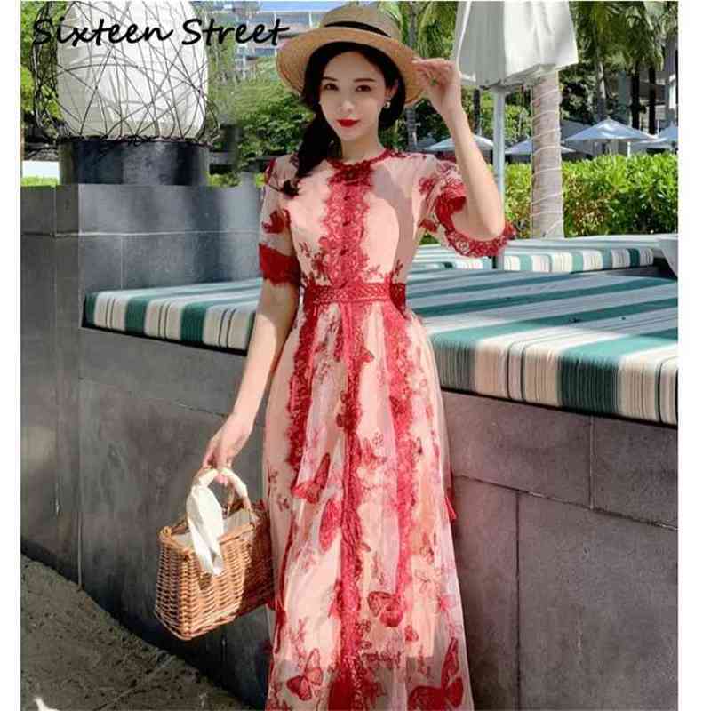 

Woman Dress Red Lace Mesh Embroidery Short Sleeve O-neck Beach Vacation Casual Maxi Dresses Female Runway Design 210603, Burgundy